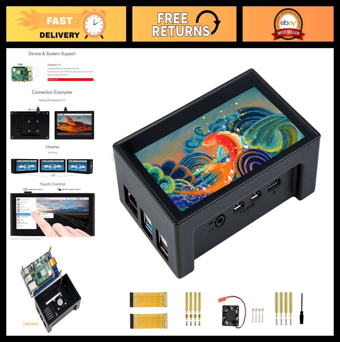 4.3" Touch Screen LCD Monitor for Raspberry Pi 4B - IPS Capacitive, 800x480, Cas