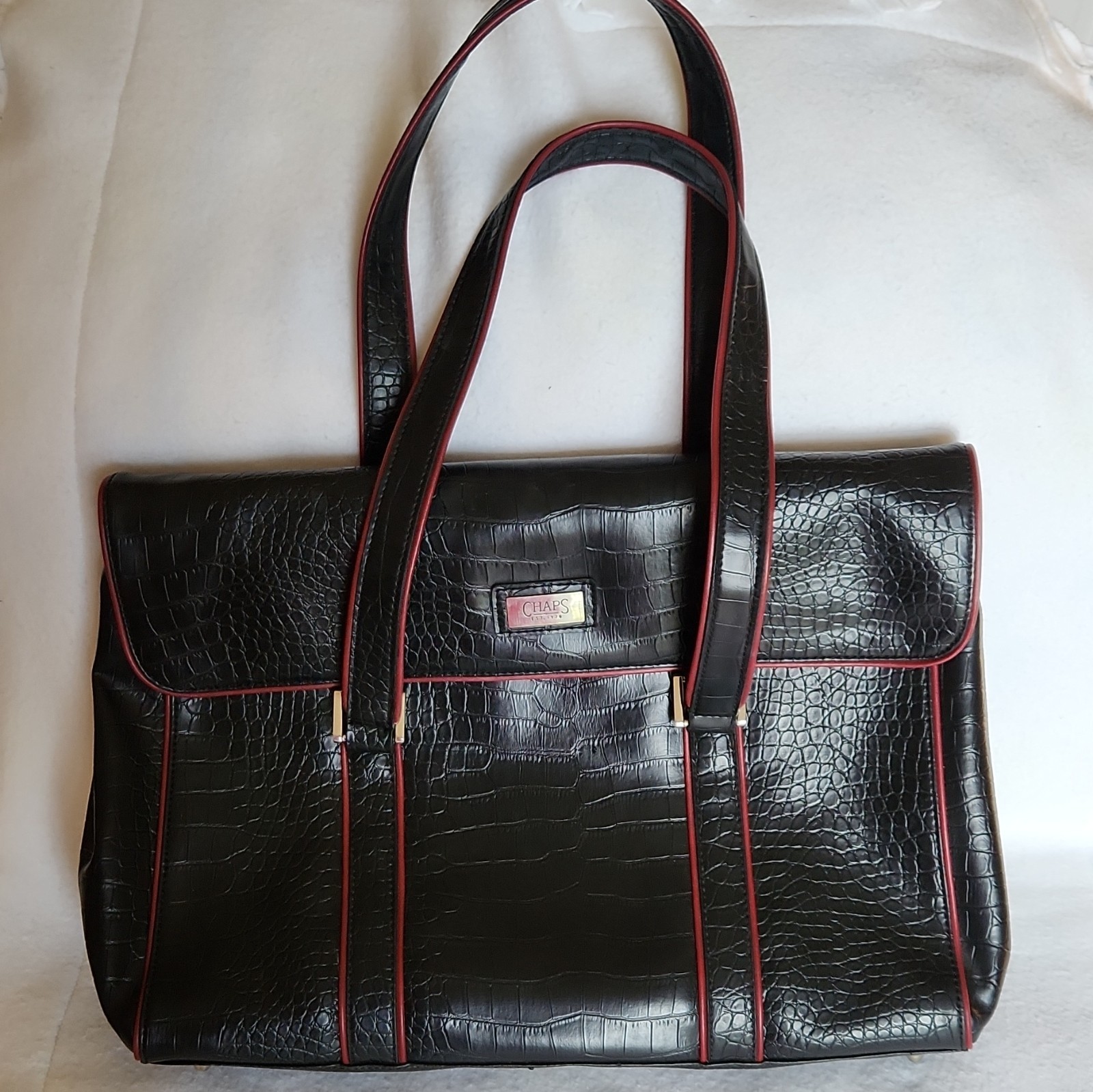 Chaps Black Faux Crocodile Embossed Laptop/Briefcase Padded  W Inner Pockets