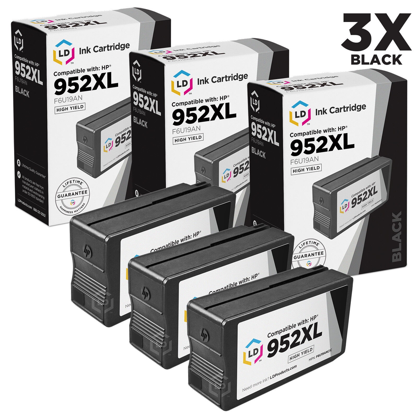 LD 3pk Comp BLack Ink Cartridge for HP 952XL 952 XL F6U19AN 7740 8702 8715