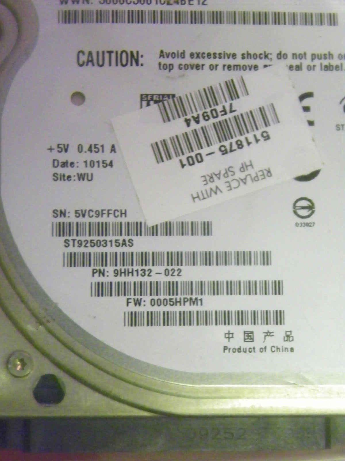 Seagate ST9250315AS P/N 9HH132-022 FW: 0005HPM1 WU 250GB 2.5" SATA Hard Drive