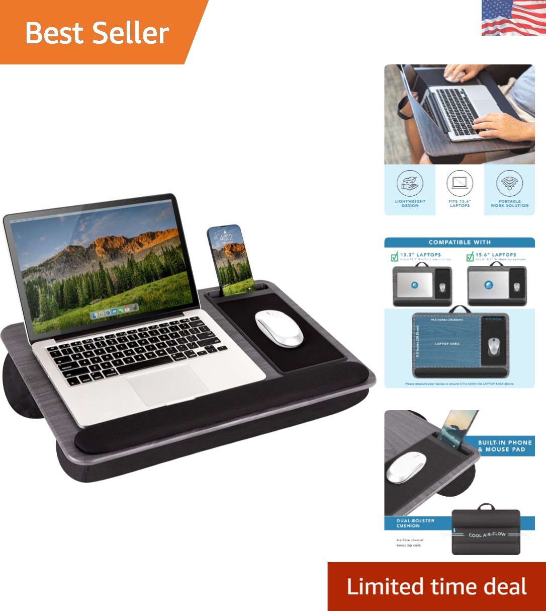 Compact & Lightweight Gray Woodgrain Lap Desk for Home Office Flexibility