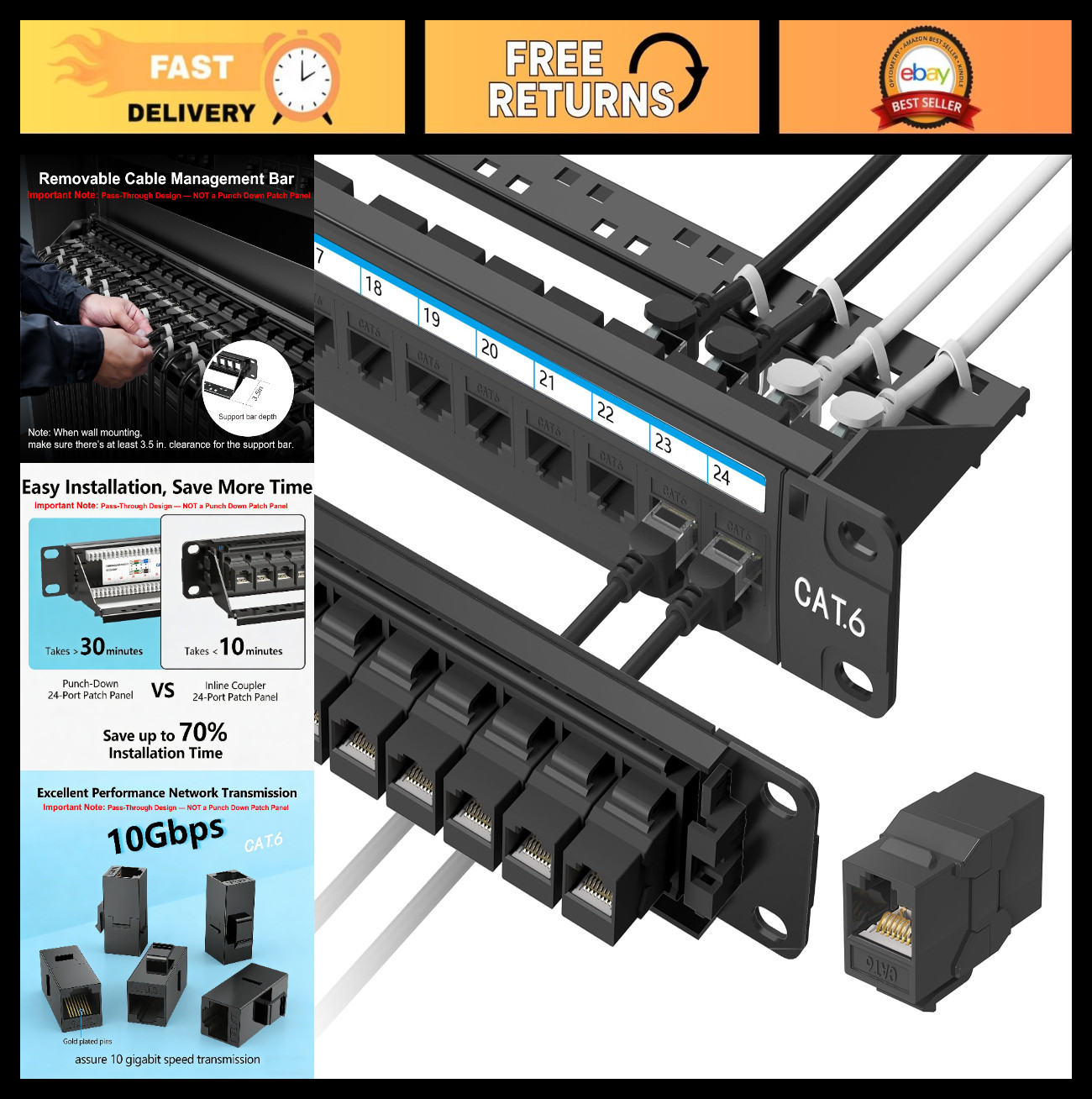 24-Port Patch Panel 19" Rackmount/Wall Mount | Cat 6 Ethernet Panel, 10Gbps, Cab