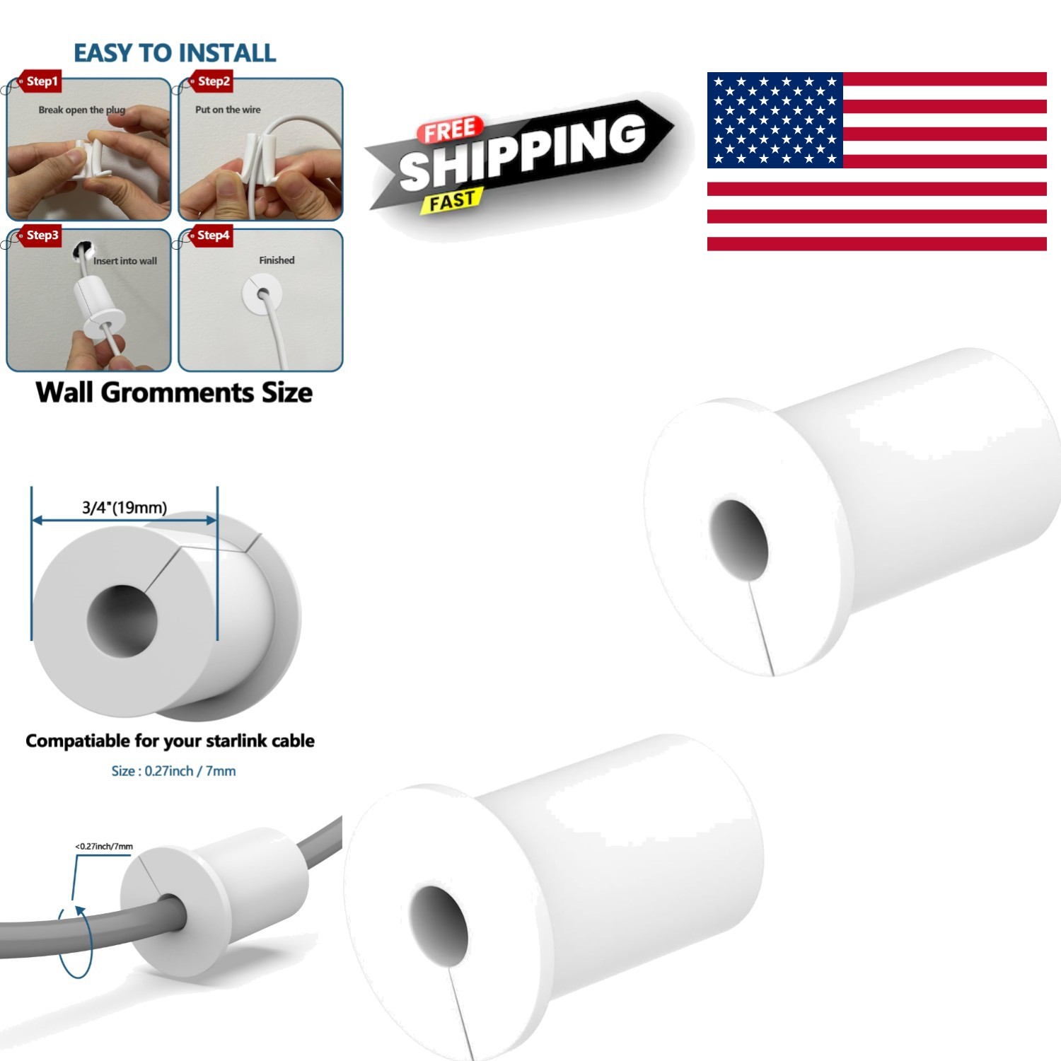 Starlink Wall Cable Grommets 2PCS White Silicone 3/4 Inch Easy Installation