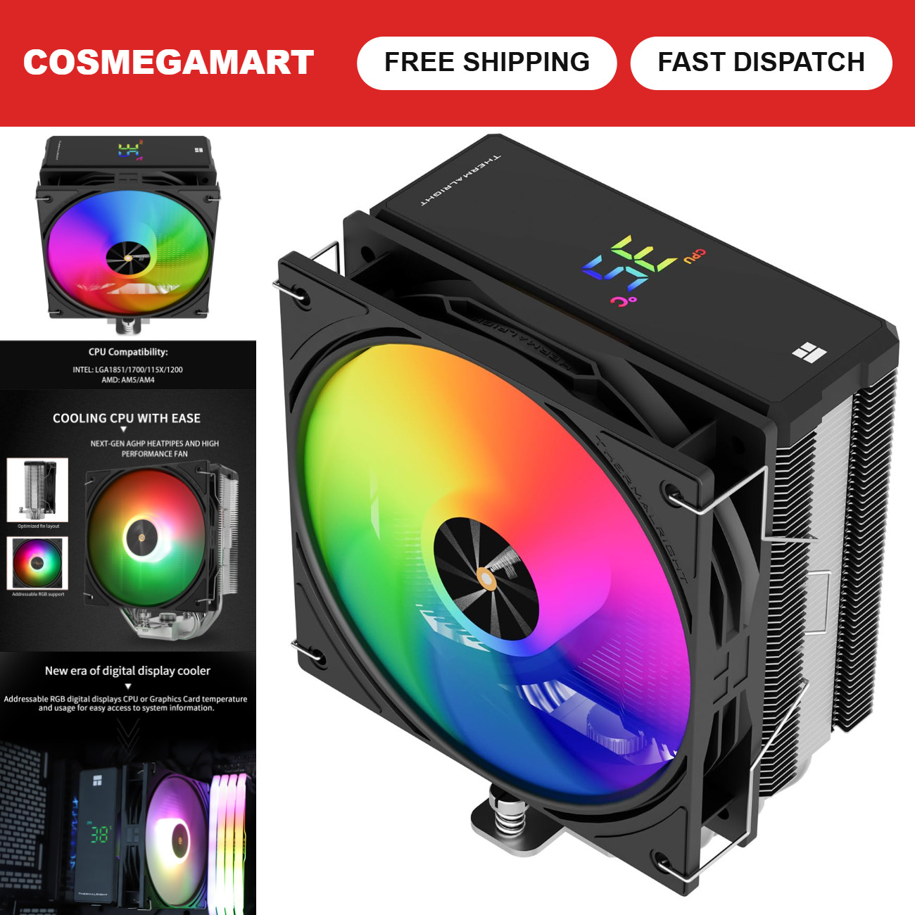 High-Performance CPU Air Cooler, 2000RPM, 4 Heatpipes, 12cm PWM Fan, ARGB, AM4/A