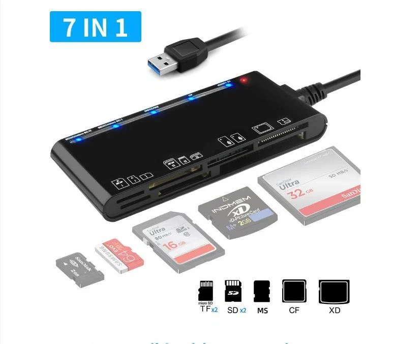 Memory Card Reader 7-IN-1 USB 3.0 High-Speed Adapter for Micro SD SDXC CF SDHC