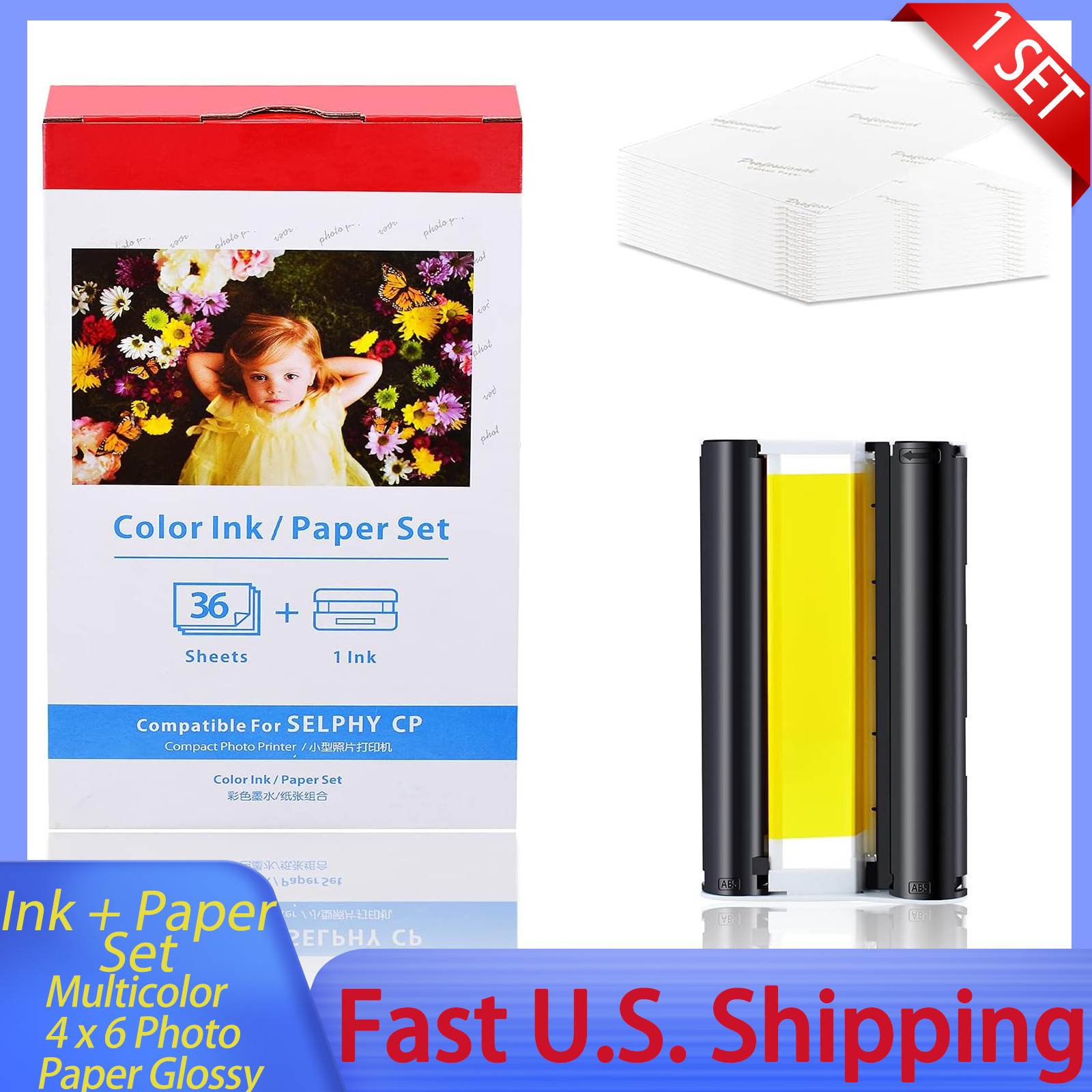 1Set KP-36IN 1 Color Cartridges and 36 Sheets 4x6 Photo Paper Glossy for Canon