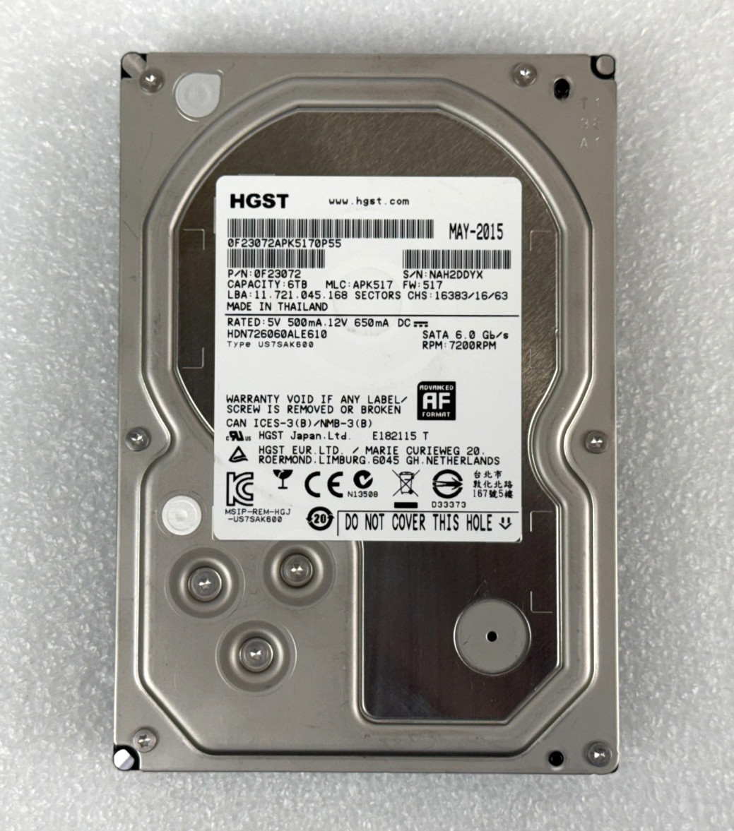 HGST HDN726060ALE610 6TB 7.2K RPM 6Gbps SATA 3.5" Internal Hard Drive HDD