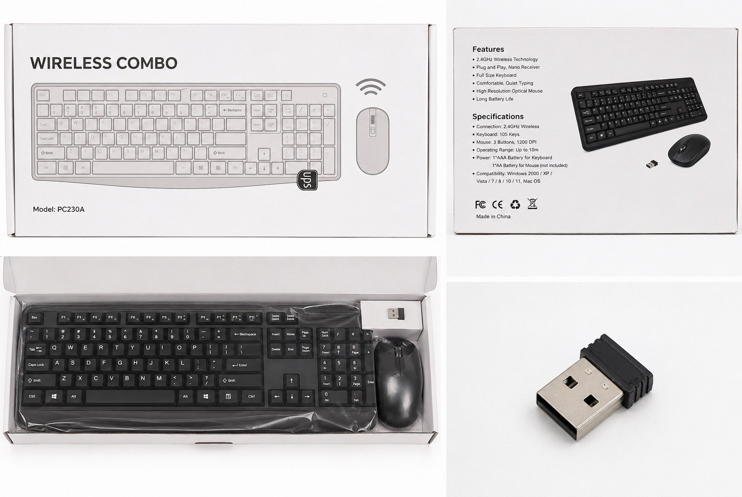 Wireless Full Size Plug & Play Keyboard Mouse Combo PC230A USB Black