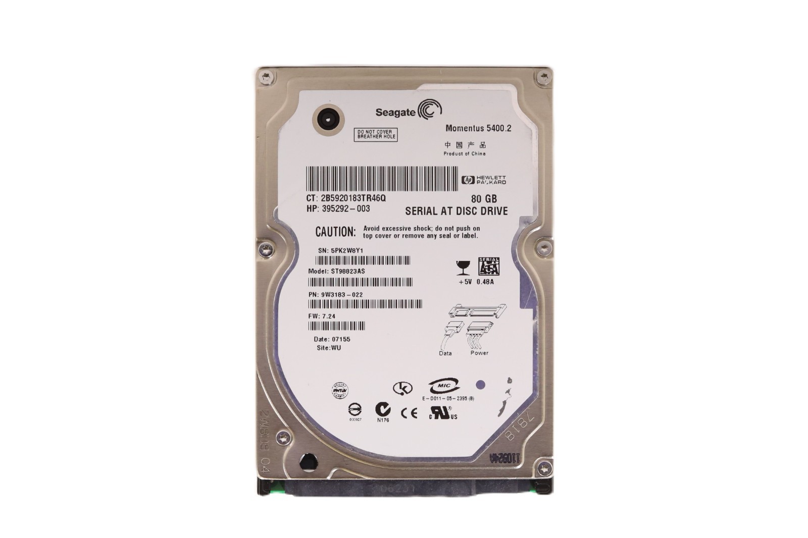 Seagate ST98823AS 80GB 2.5" 1.5Gb/s 8MB 5.4K RPM SATA HDD P/N: 9W3183-022 Tested