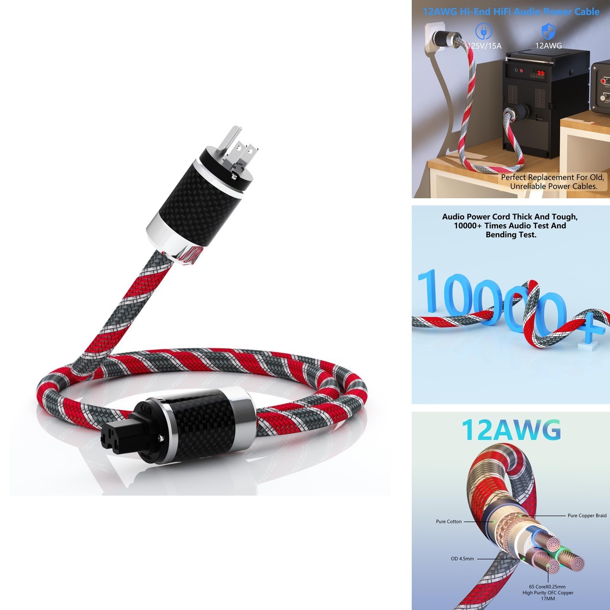 Monosaudio 12AWG Audio Power Cable 3-Prong Rhodium Plated Plugs 125V 15A 2M