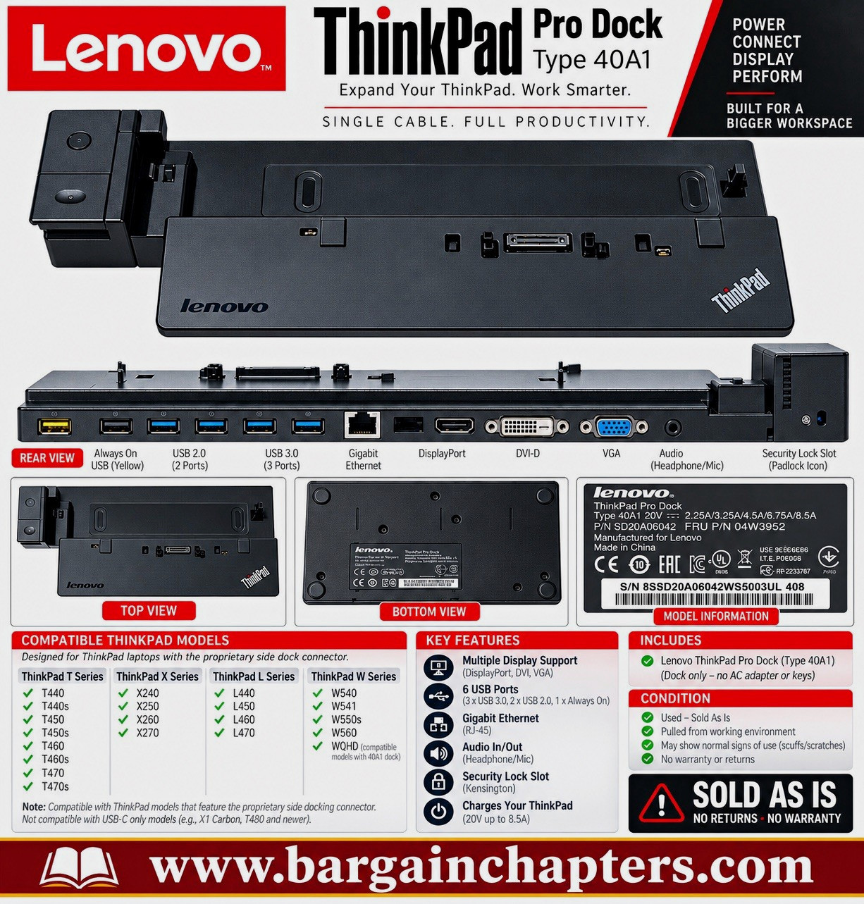 Lenovo ThinkPad Pro Dock 40A1 Docking Station Black USB 3.0 DP DVI VGA