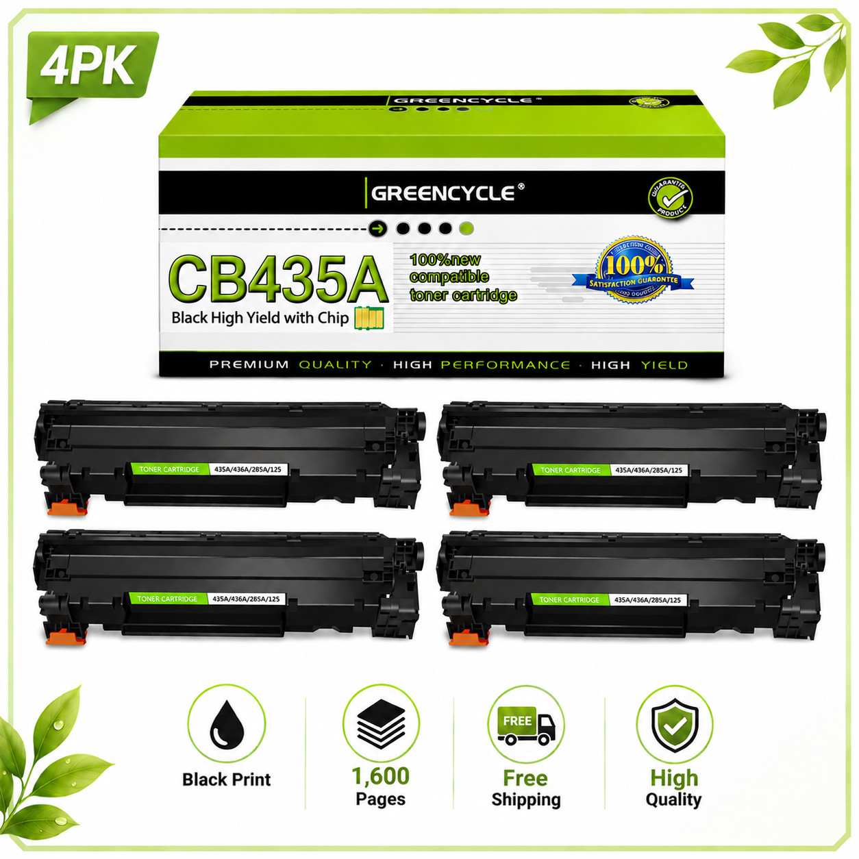 4pk Greencycle CB435A Toner Cartridge Fit For HP LaserJet P1003 P1004 P1005