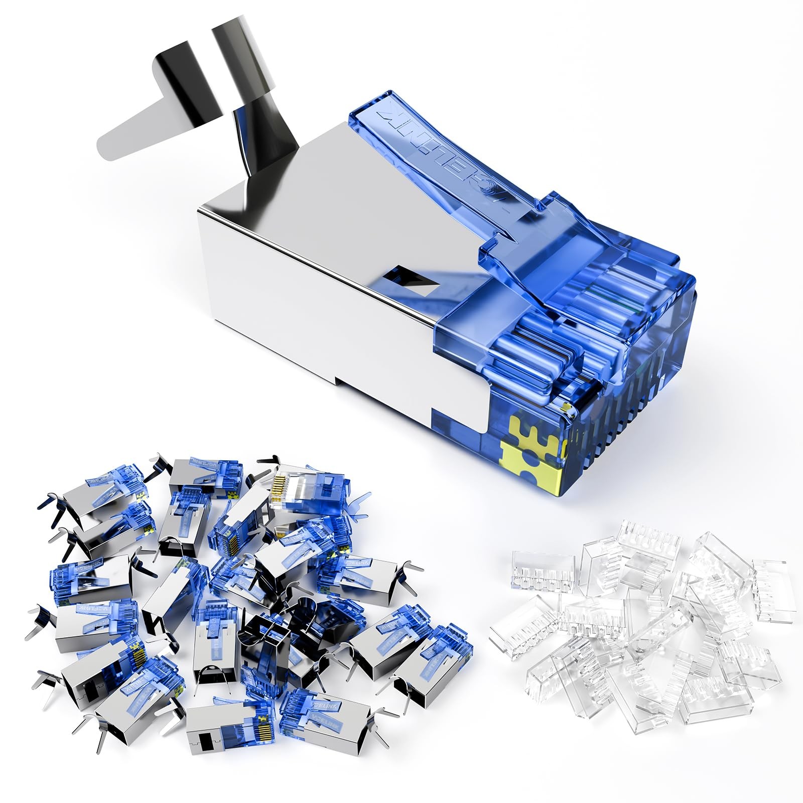 VCELINK Cat6A RJ45 Connector Shielded Non-Pass Through 25-Pack, 25 Pack, Blue 