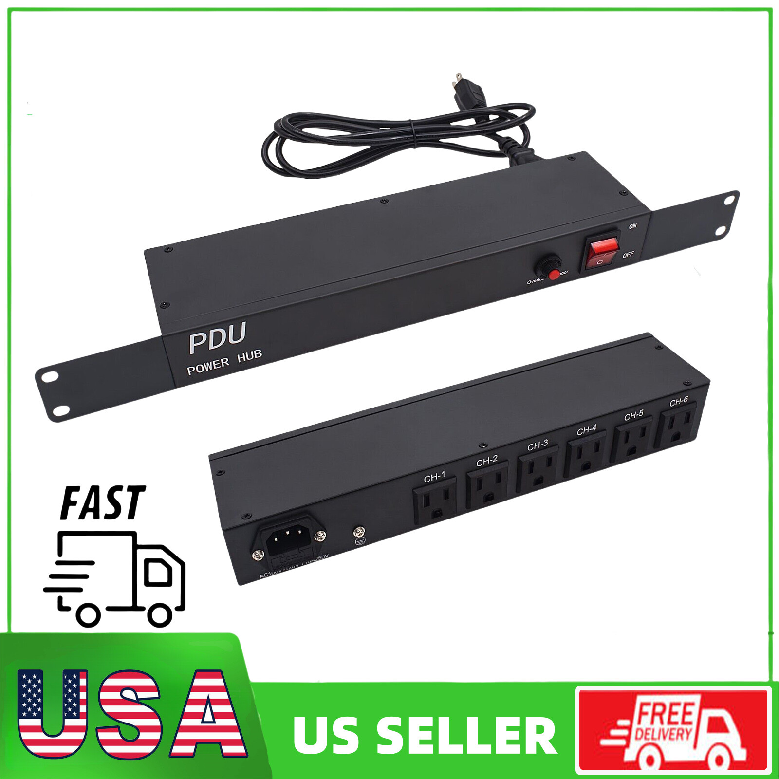 1U PDU Rack Mount Power Strip 100V-240V-15A 6 Outlet Horizontal Surge Protection
