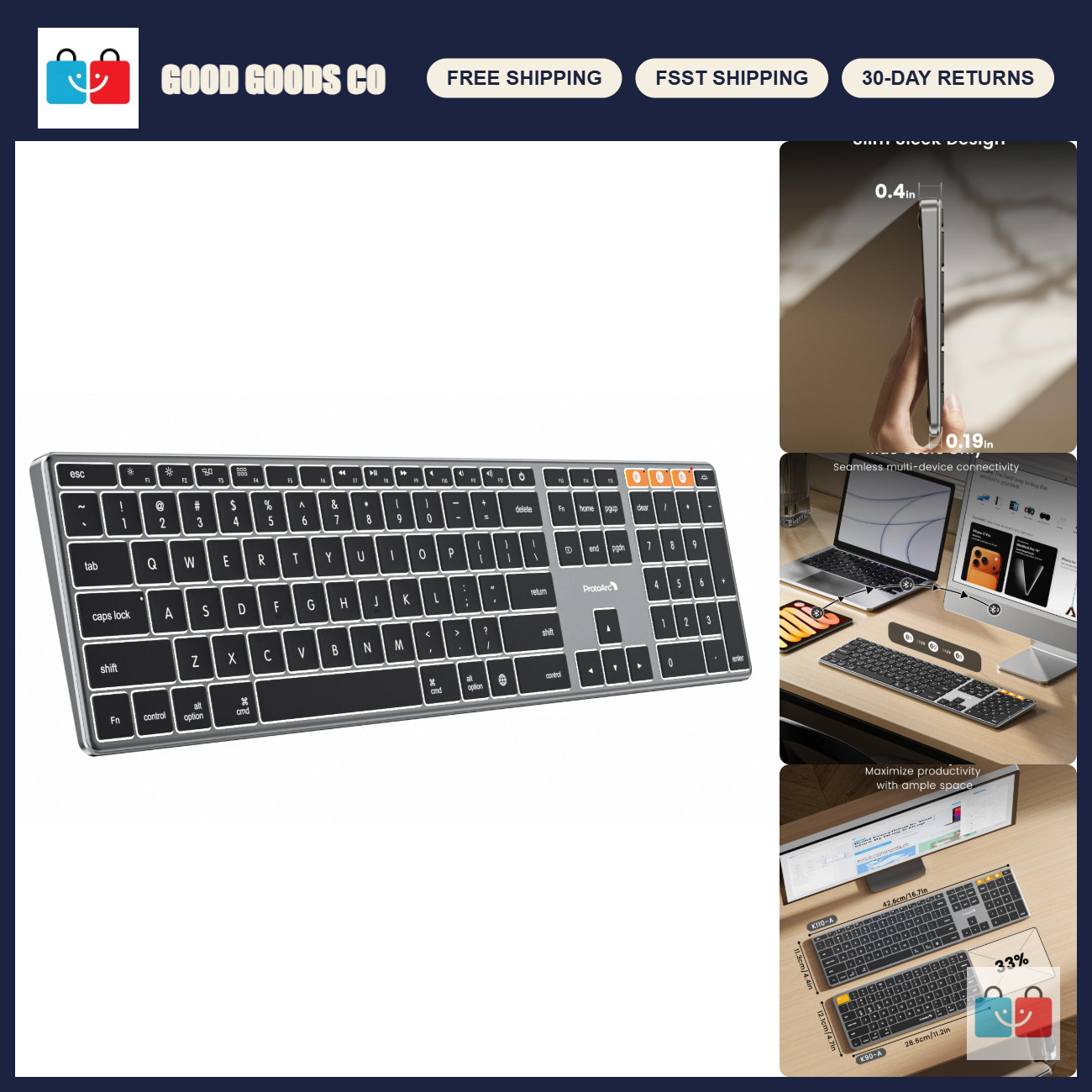 Backlit Wireless Keyboard for Mac - Aluminum, Space Gray, Rechargeable, Slim Des