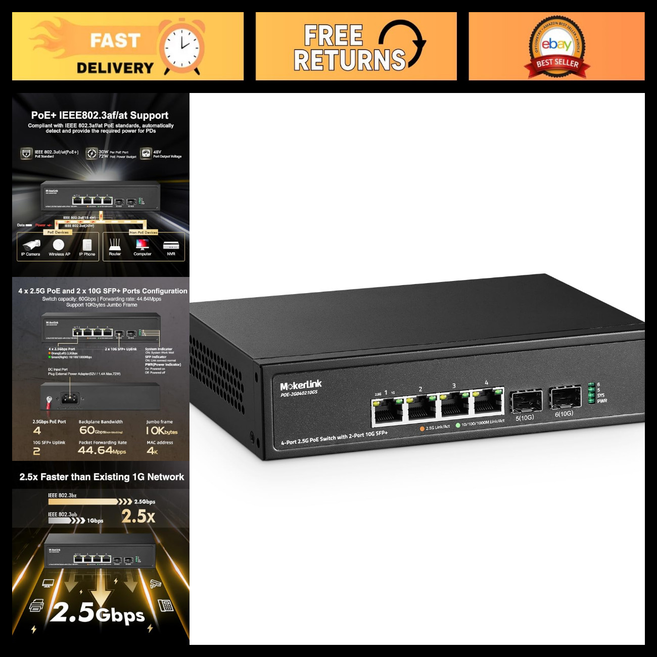 4-Port 2.5G PoE Switch, 10G SFP+ Slot, 4x 2.5G Base-T, IEEE802.3af/at, Fanless