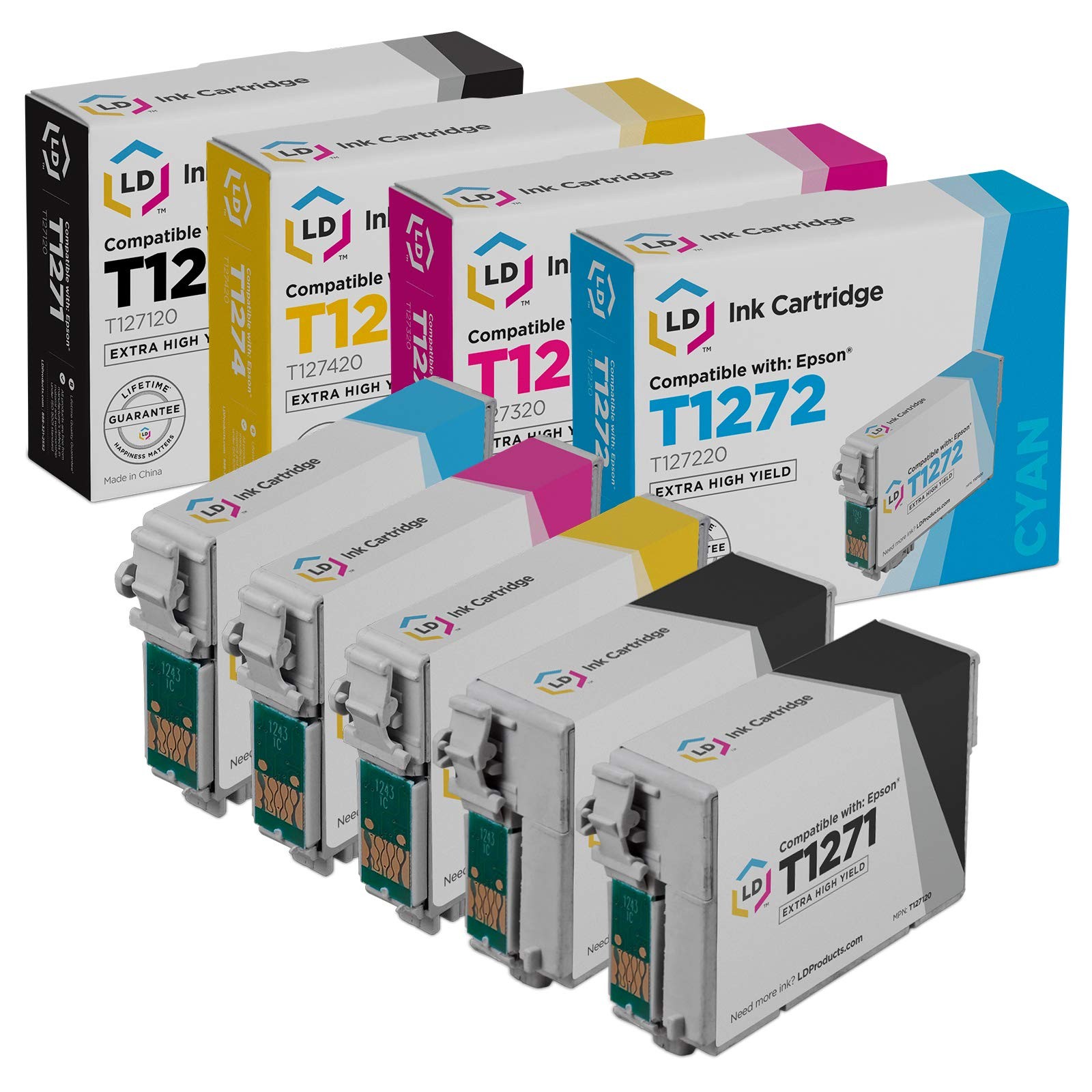 Compatible Ink Cartridge for Epson 127 T127 Extra HY (2 B, 1 C, 1 M, 1 Y, 5-Pk)