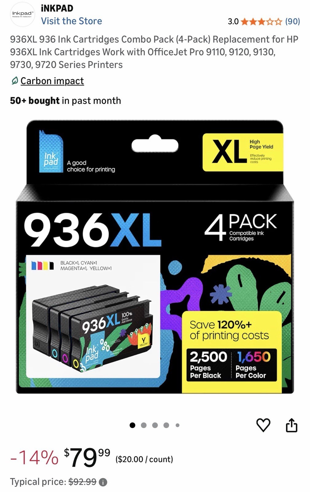 4pk for HP 936XL High Yield Ink Cartridges 9122e Pro 9125e 9120e Sealed