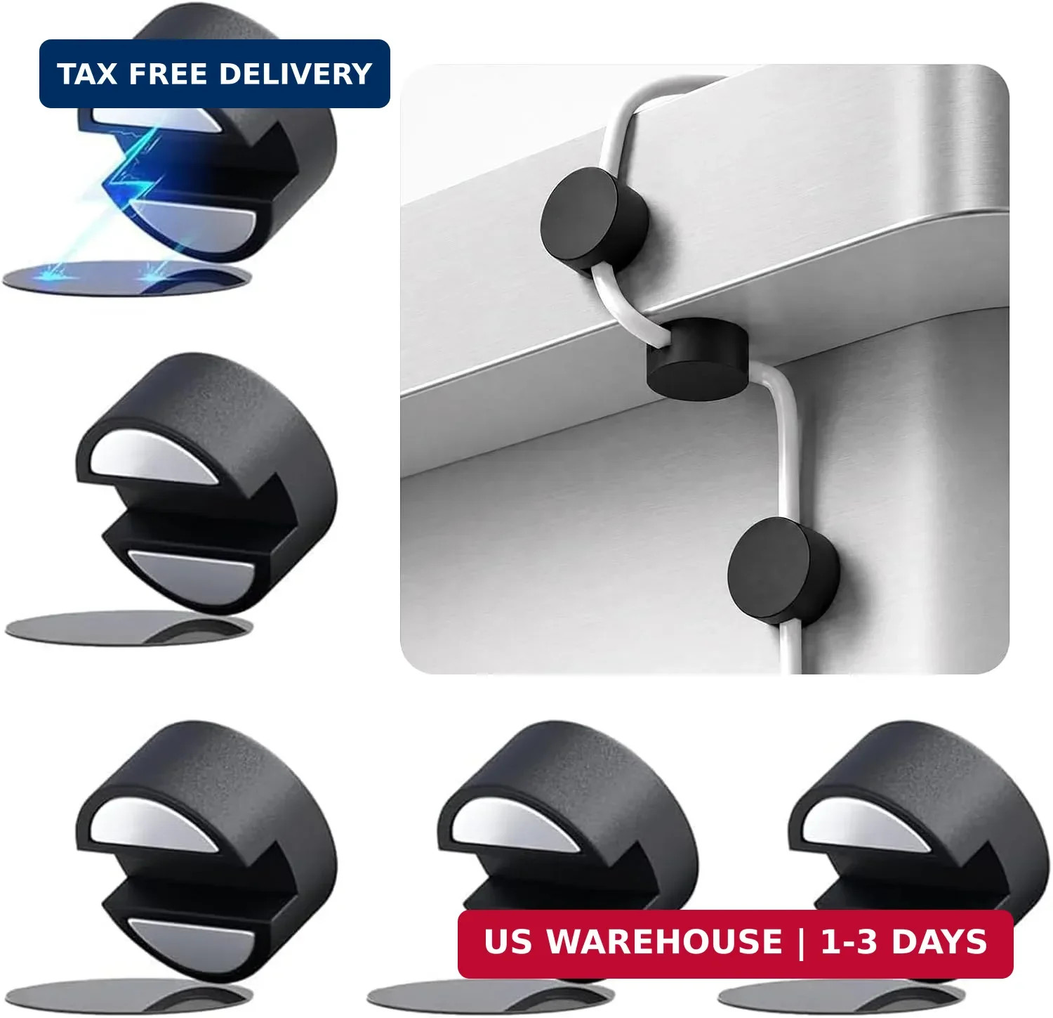 Magnetic Cable Holder, 5 Cable Clips for Desk Cord Management, Black | Fits USB-