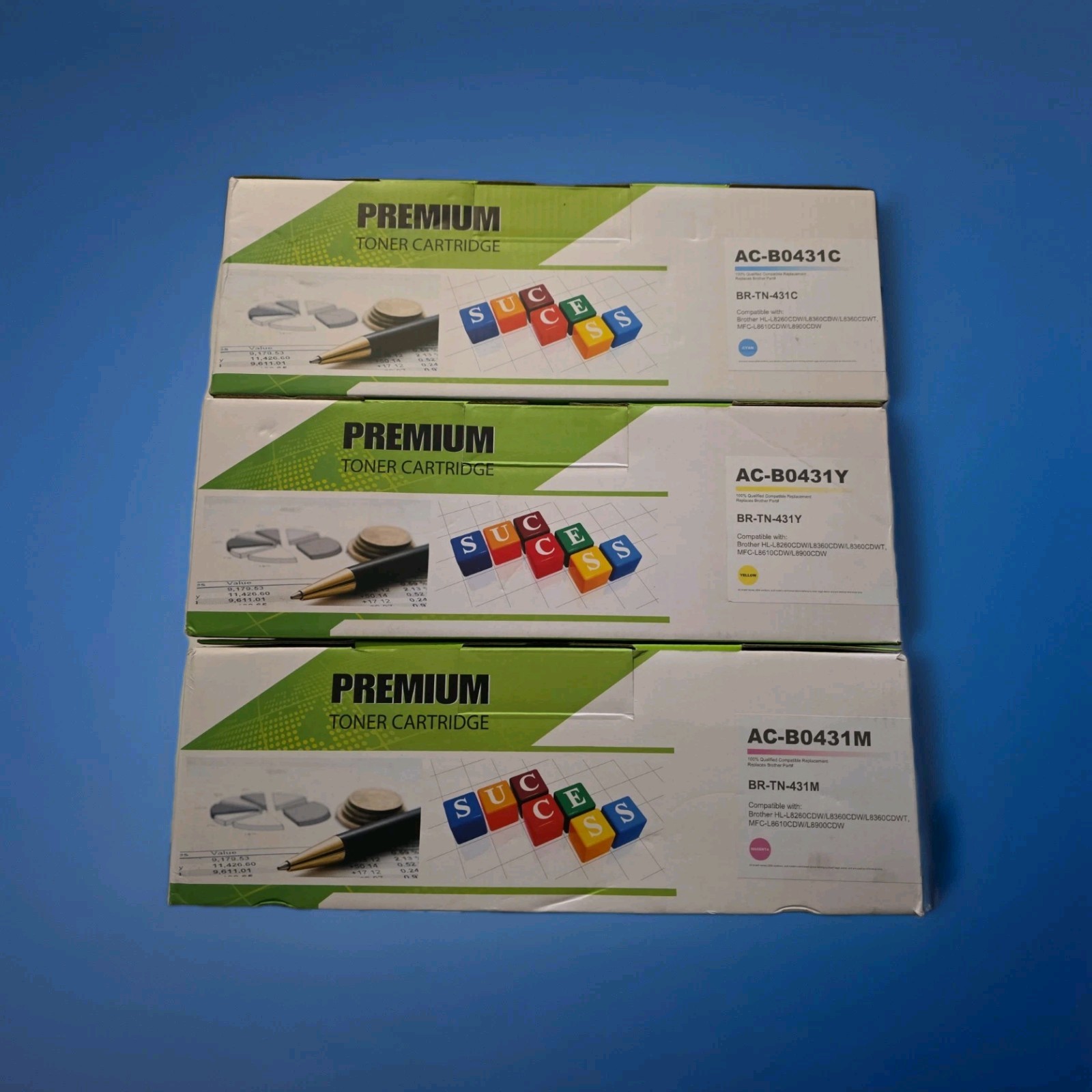 3pk Premium Toner Cartridges AC-B0431 C, Y, & M.  For BR-TN-431 C, Y, M 
