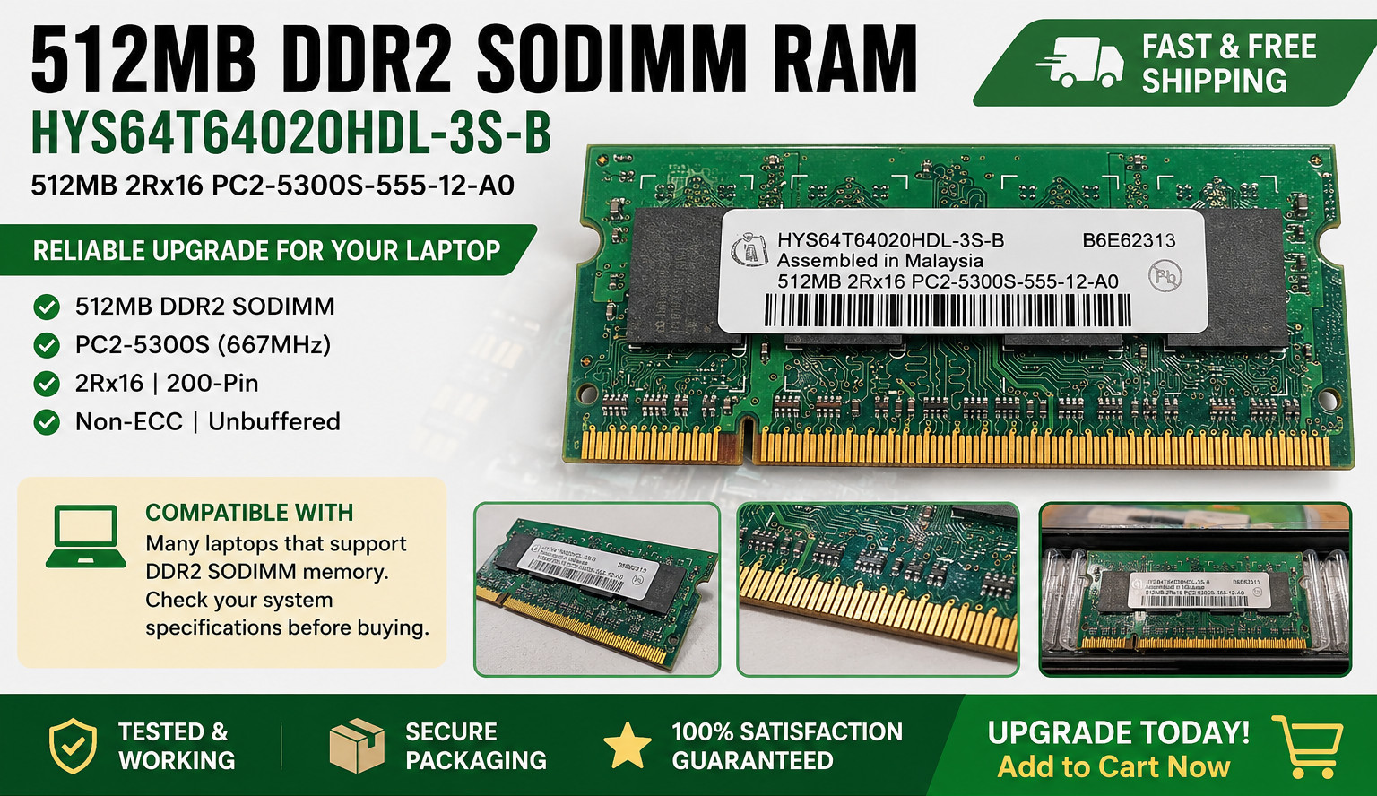 Infineon 512MB DDR2 SODIMM Laptop Memory Module – Tested Working x 2