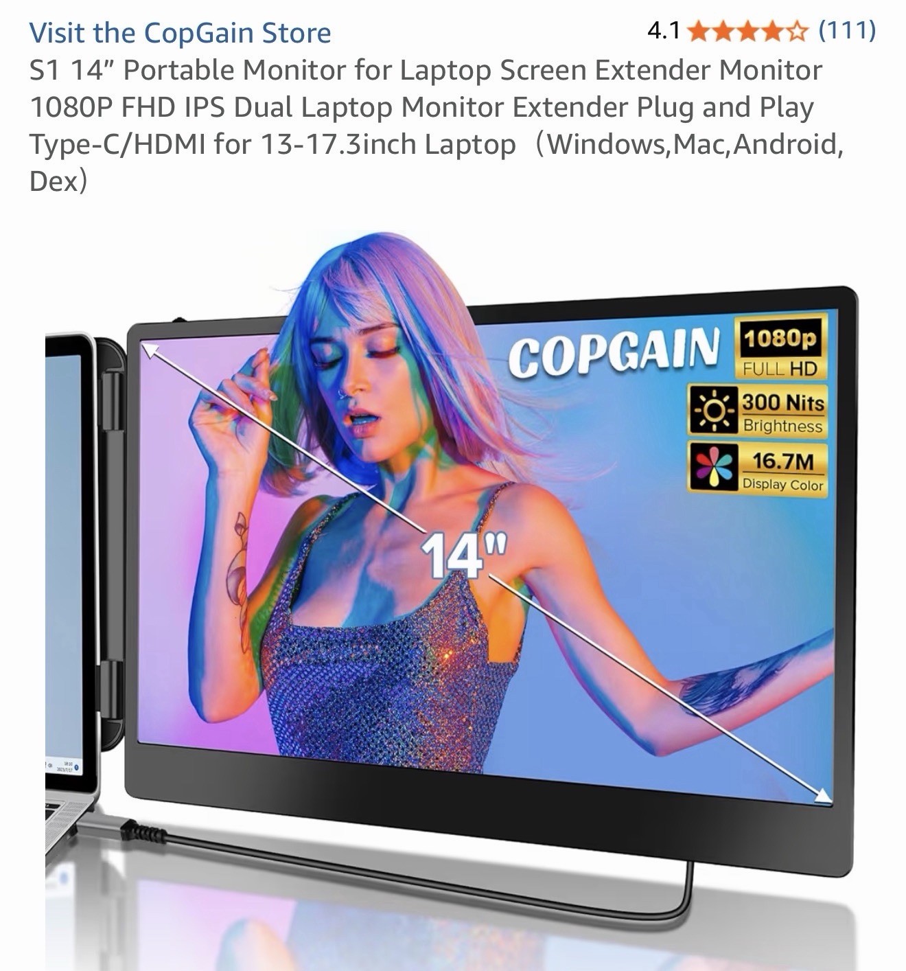 S1 14” Portable Monitor for Laptop Screen Extender Monitor 1080P FHD 