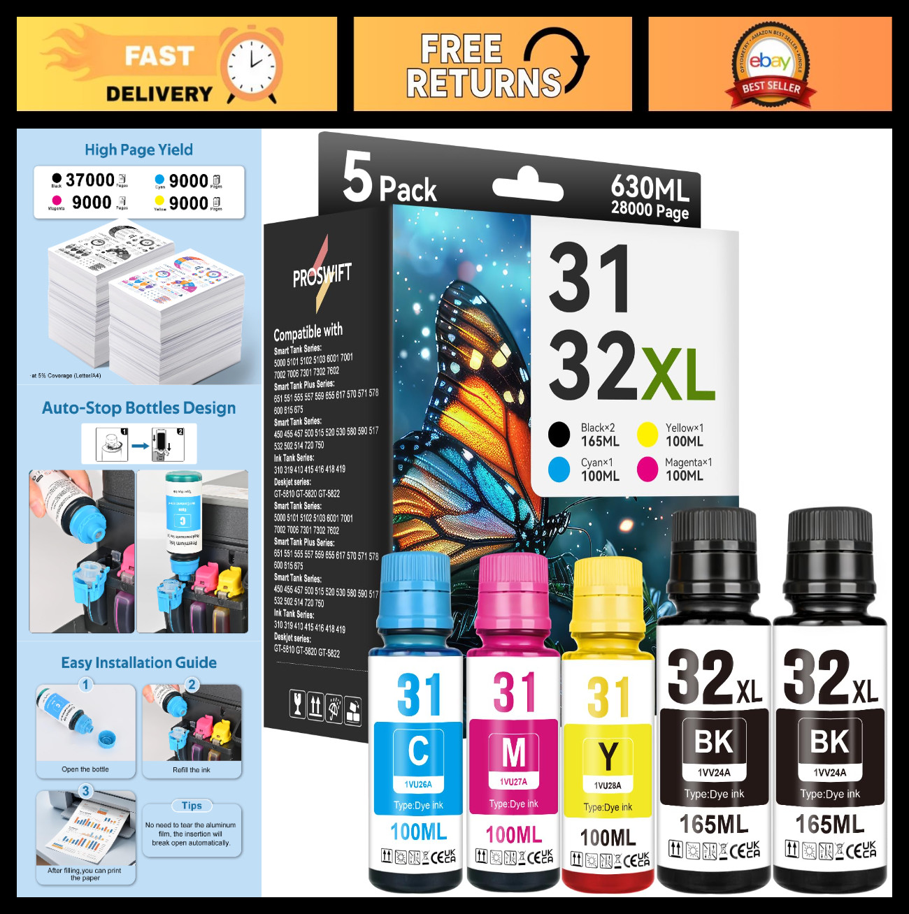 31 32XL Ink Bottle Set - Replacement for Smart Tank Printers 7602 6001