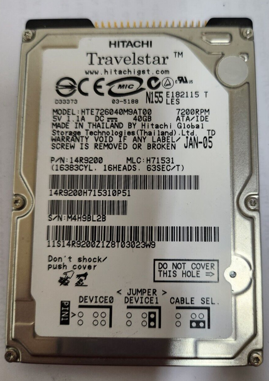 Hitachi HTE726040M9AT00 14R9200 40GB IDE 7.2K RPM 2.5" Laptop Hard Disk Drive