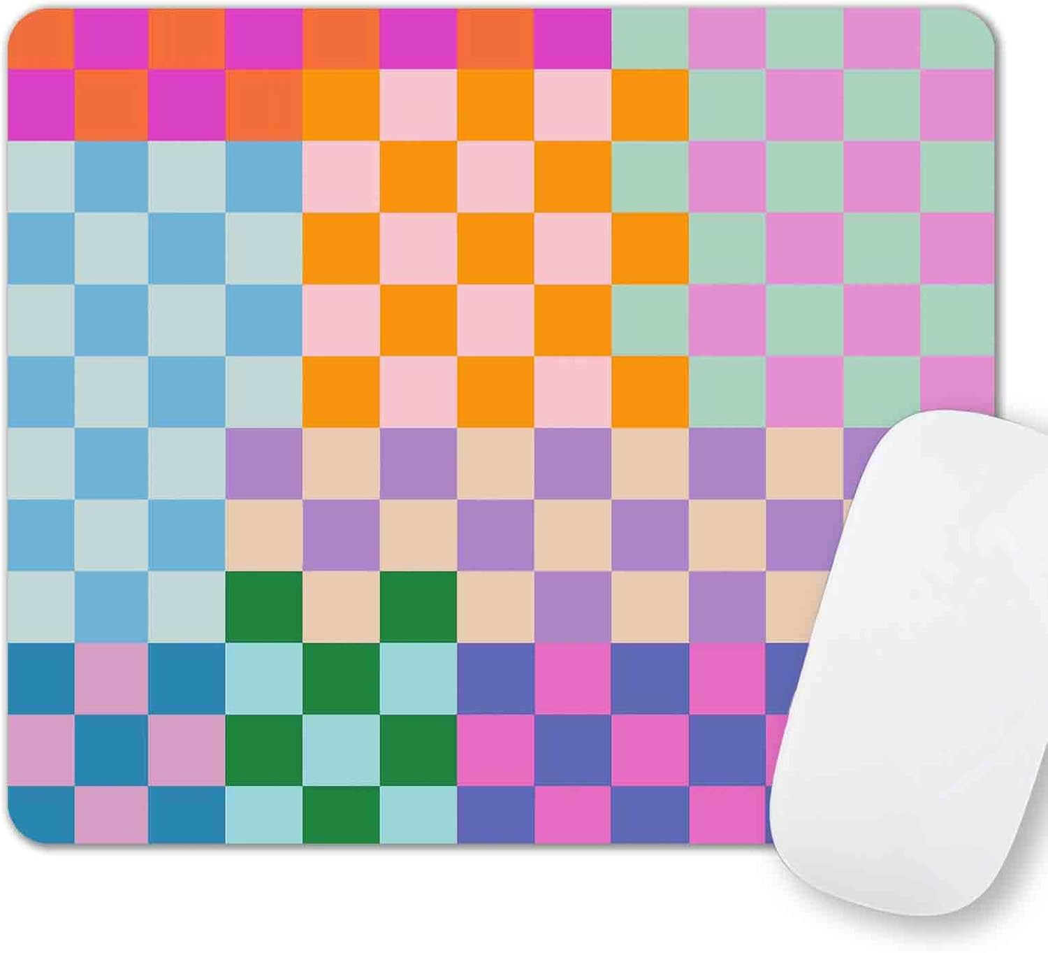 Cute Colorful Checkered Mouse Pad, Retro Purple Pink Blue Green Mousepad, Square