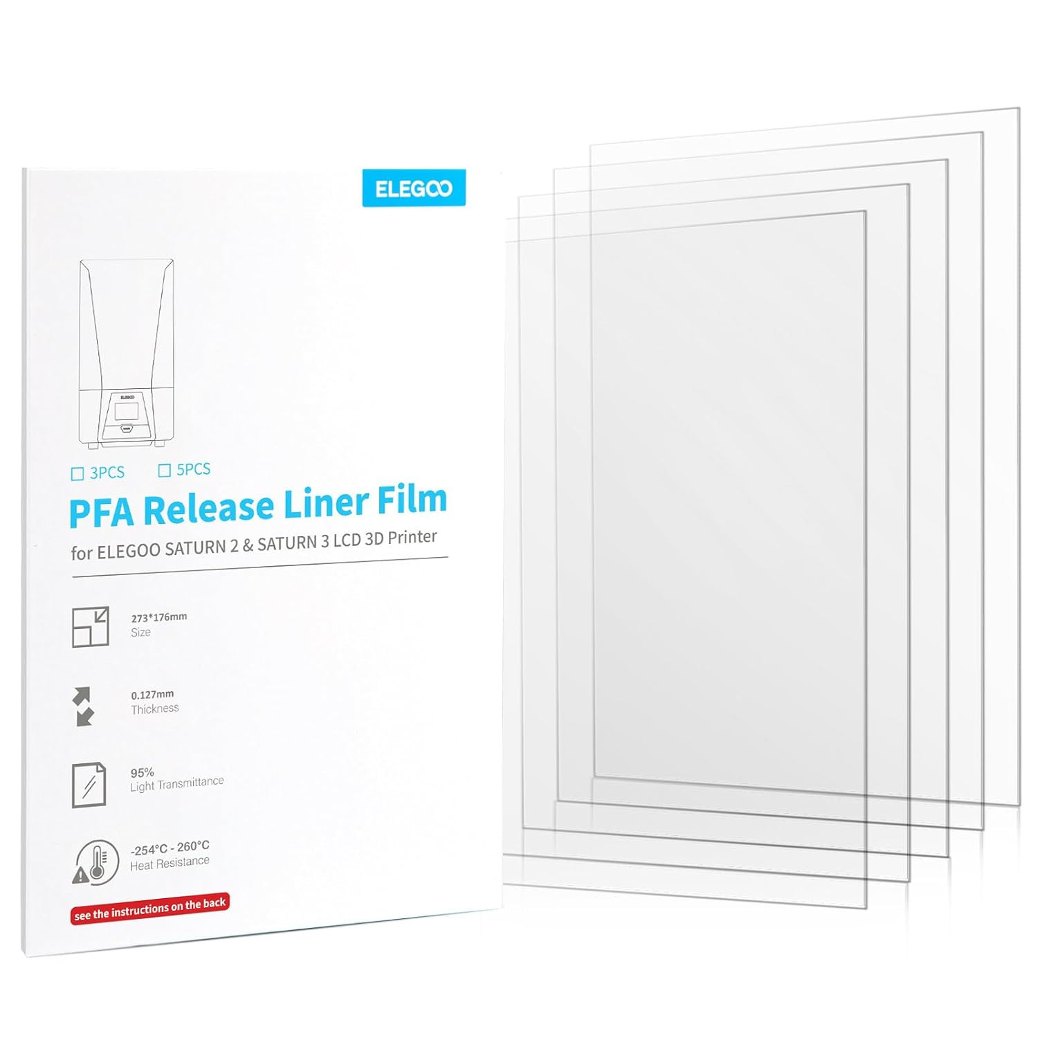 5PCS PFA Release Liner Film for Saturn 3D Printers, 273x176mm, 0.127mm Thick