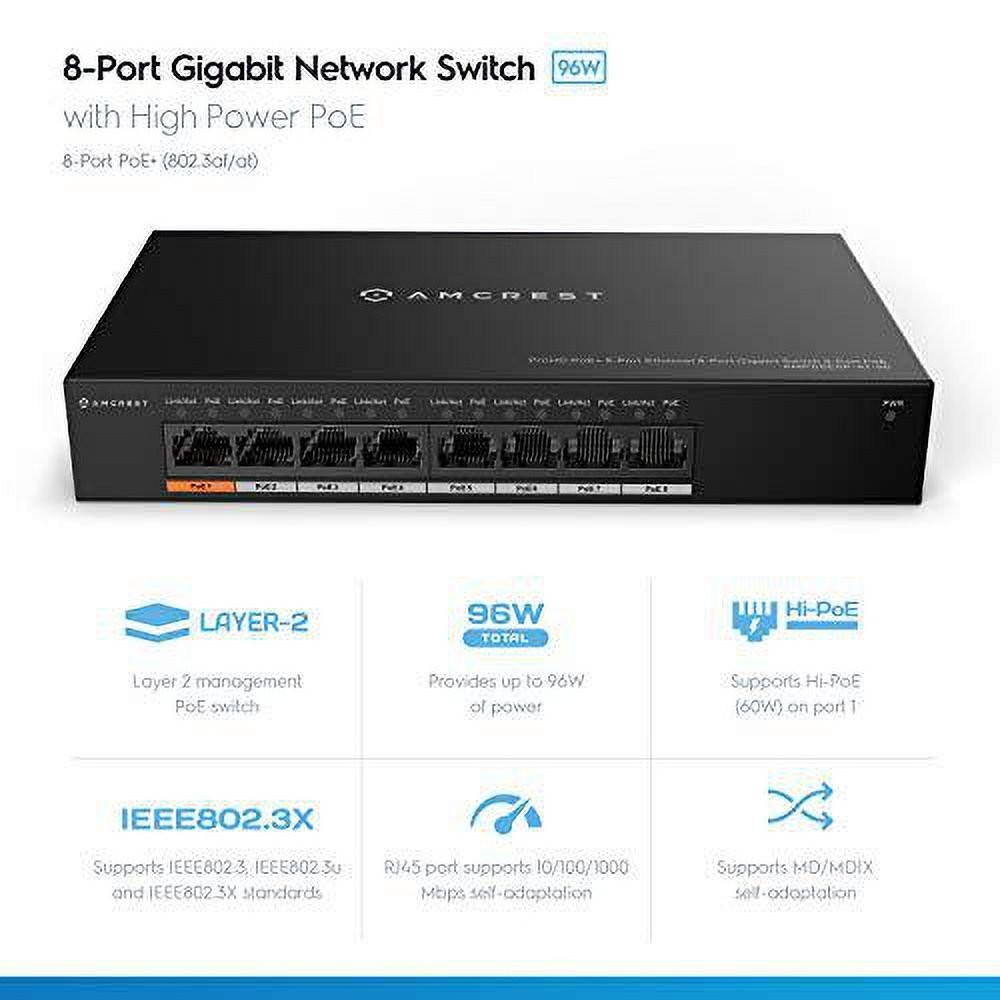 Amcrest 8-Port POE+ 802.3af/at 96w (AGPS8E8P-AT-96) w/Metal Housing