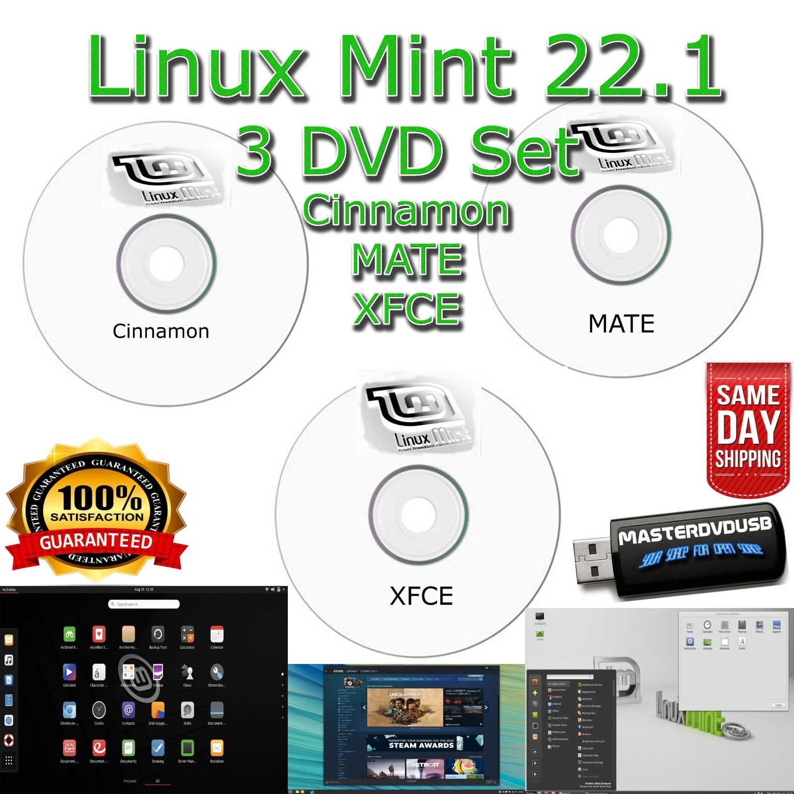 Linux Mint 22.1 – Bootable 3-DVD Installer Set | Cinnamon • MATE • XFCE | 64-bit