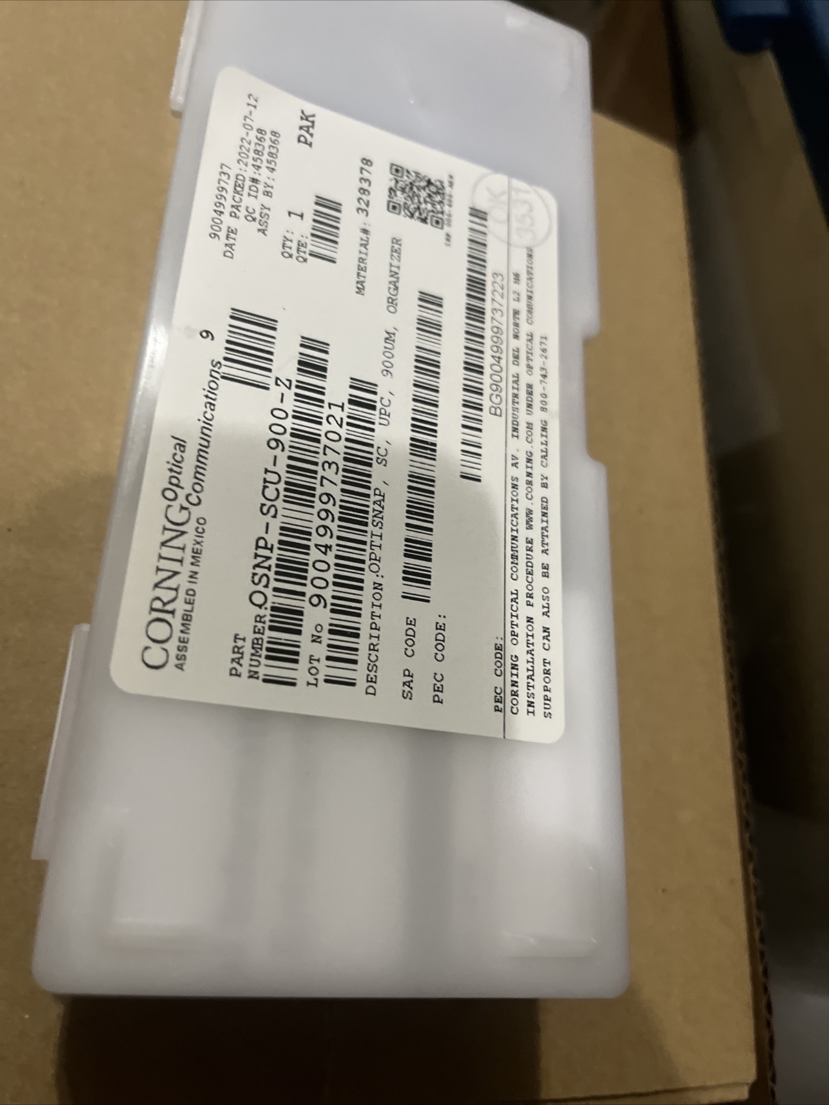 Corning OSNP-SCU-900-Z OptiSnap SC UPC Connector, SM 900um 1 Pack Of 25