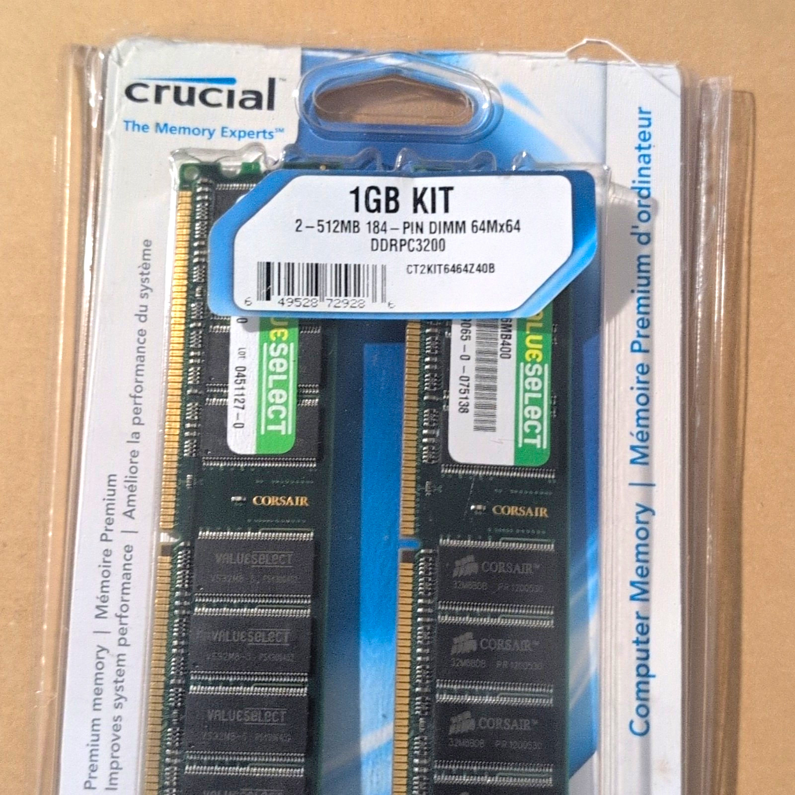 Crucial 1GB (2x512MB) DDR PC3200 184-Pin DIMM Kit CT2KIT6464Z40B