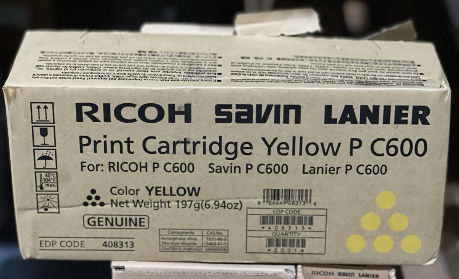 Genuine Ricoh 408313 Yellow Toner Cartridge-Open/Worn Box