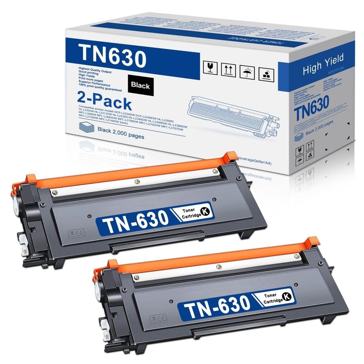 MSOTFUN TN-630 2-Pack Replacement Black Toner Cartridge for Brother HL-L2360DW