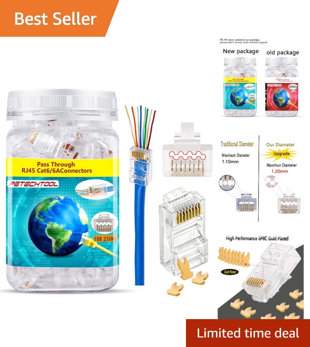 100Pcs Gold-Plated RJ45 Cat6a Pass Through Connectors - Custom Ethernet Cables