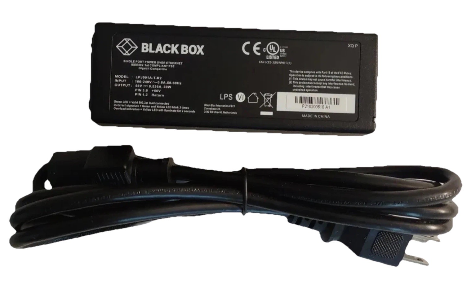Black Box LPJ001A-T-R2 POE GIGABIT Ethernet Injector 802.3AT *NEW