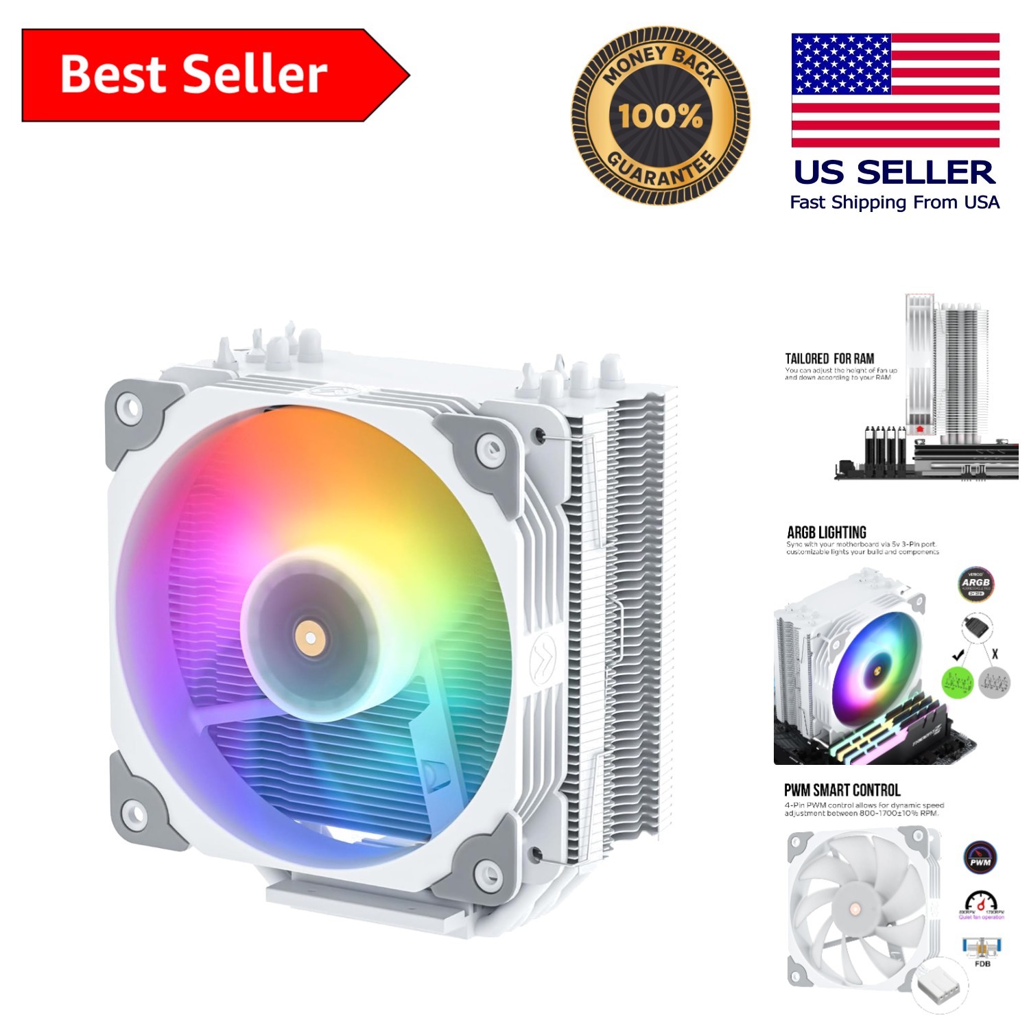 V5 120mm FDB PWM CPU Cooler - Intel & AMD Support with RGB Lights