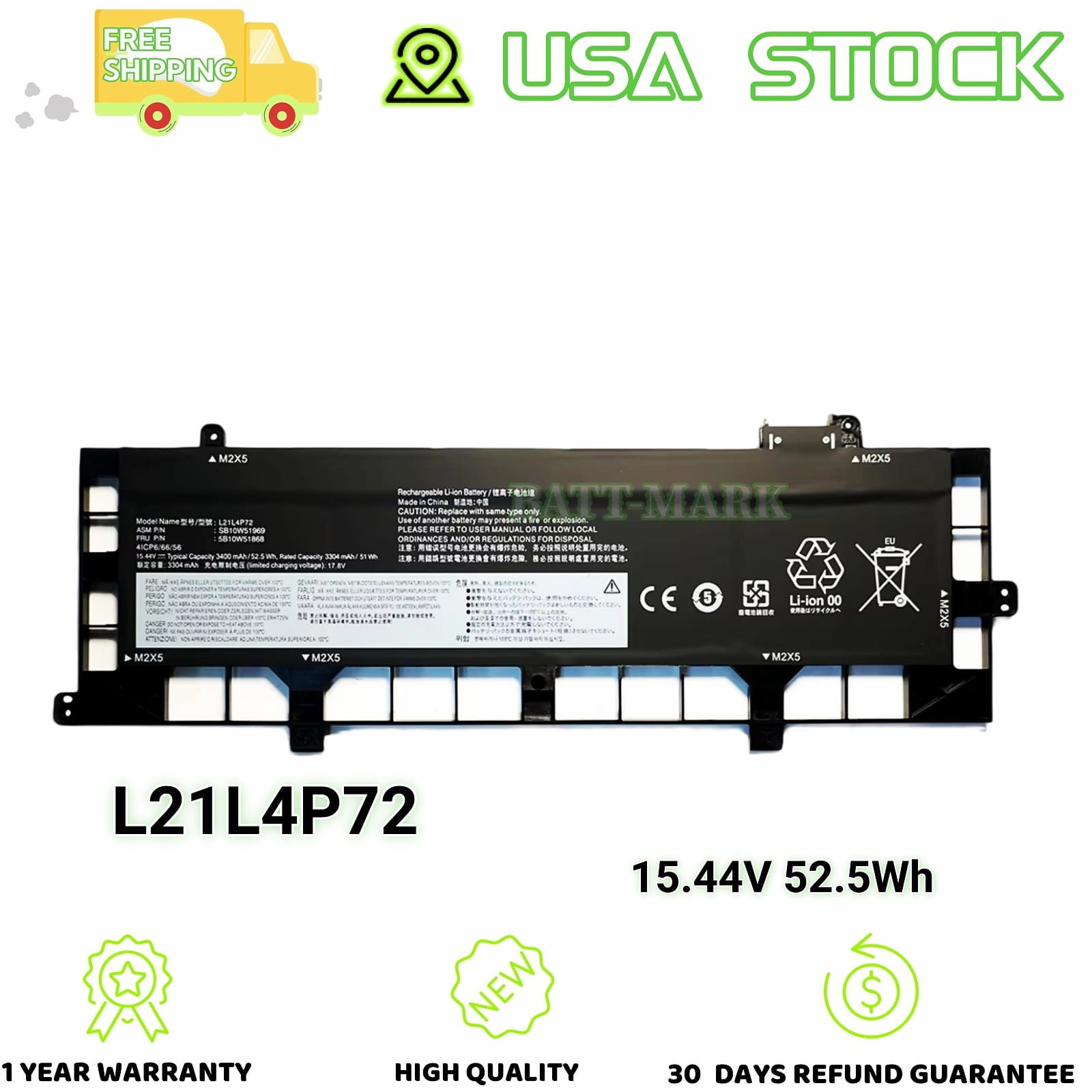 For Lenovo ThinkPad 4Cell 52.5Wh 15.44V Battery L21L4P72 T16 Gen1 P16s Gen2