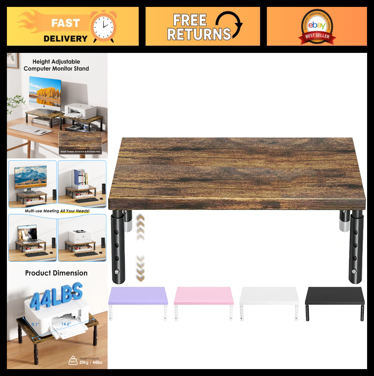 Adjustable Wood Monitor Stand Riser - Desk Organizer for Laptop, PC & Printer