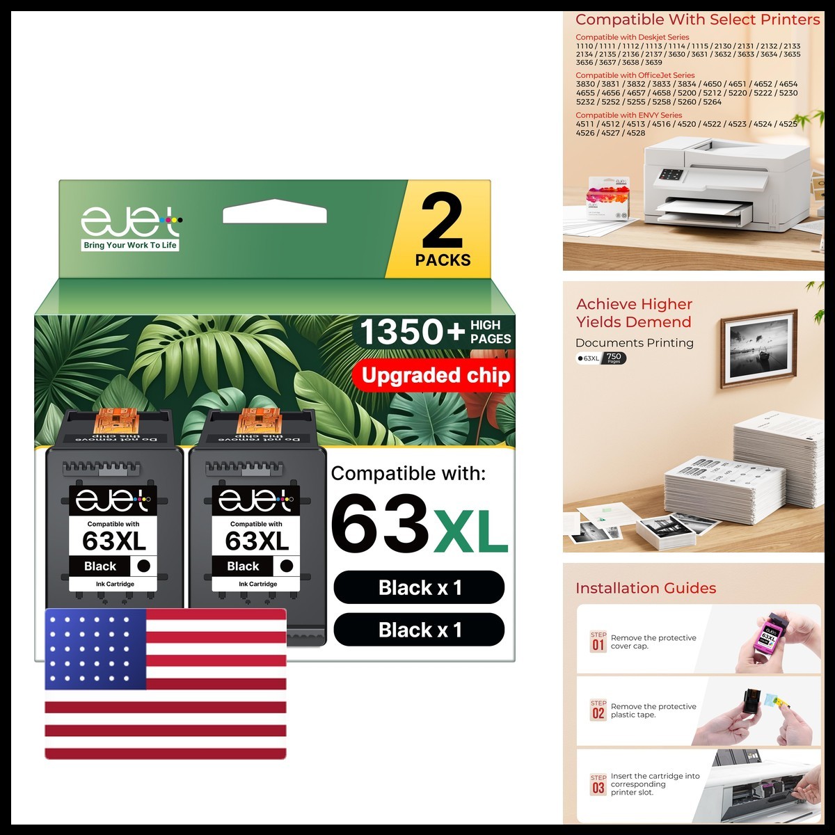 ejet 63XL Black Ink Cartridge Replacement for HP 63 4520 4650 3830