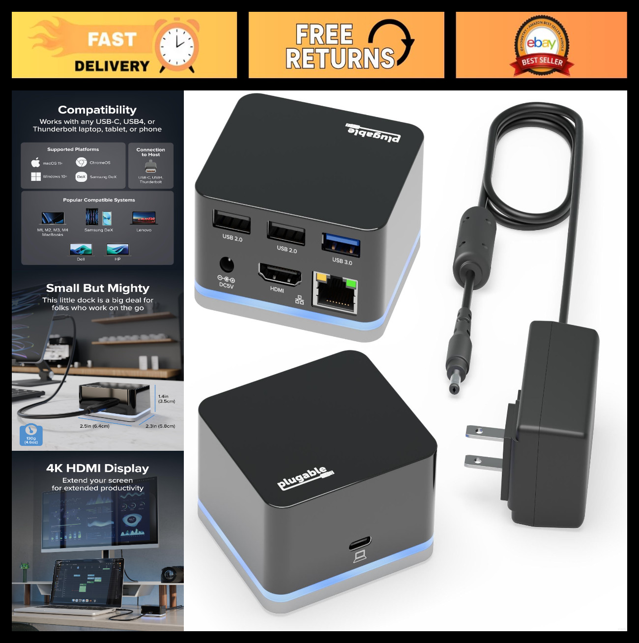 Compact USB-C Mini Docking Station - HDMI, Gigabit Ethernet, 3 USB Ports - Mac &