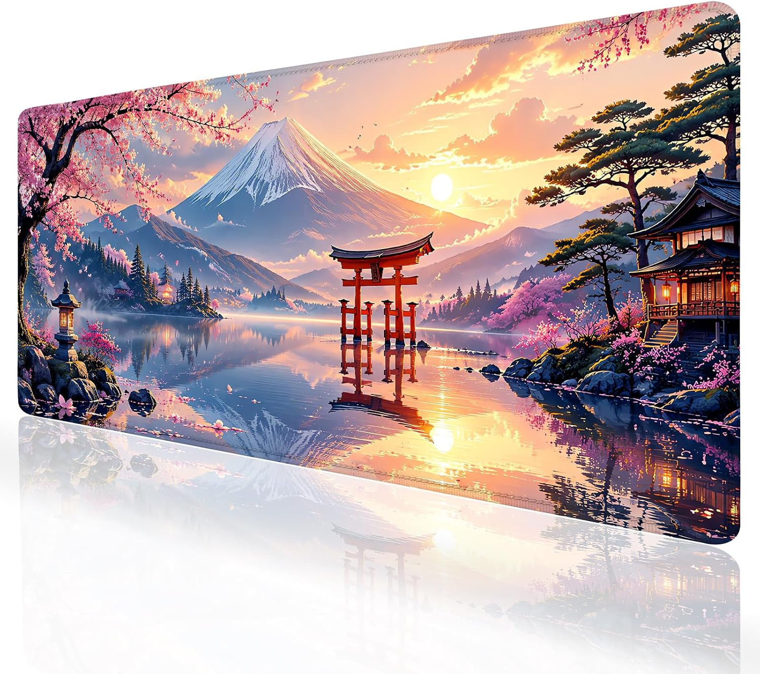 Extended Large Gaming Mouse Pad, Japanese Sunrise Mount Fuji Desk Mat, Pink Cher