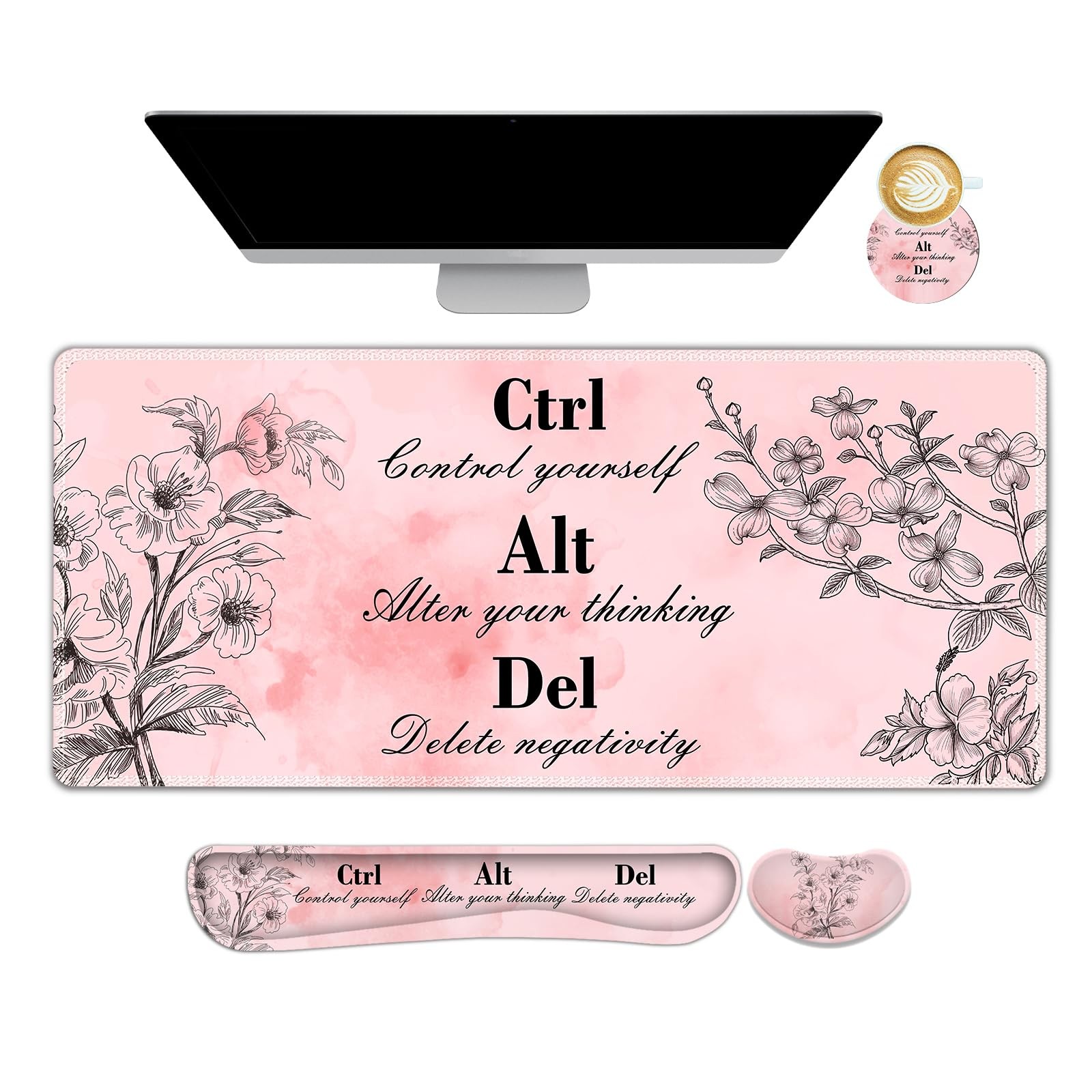 Pink Floral Large Gaming Mouse Pad Ergonomic Keyboard Desk Mat Wrist Rest