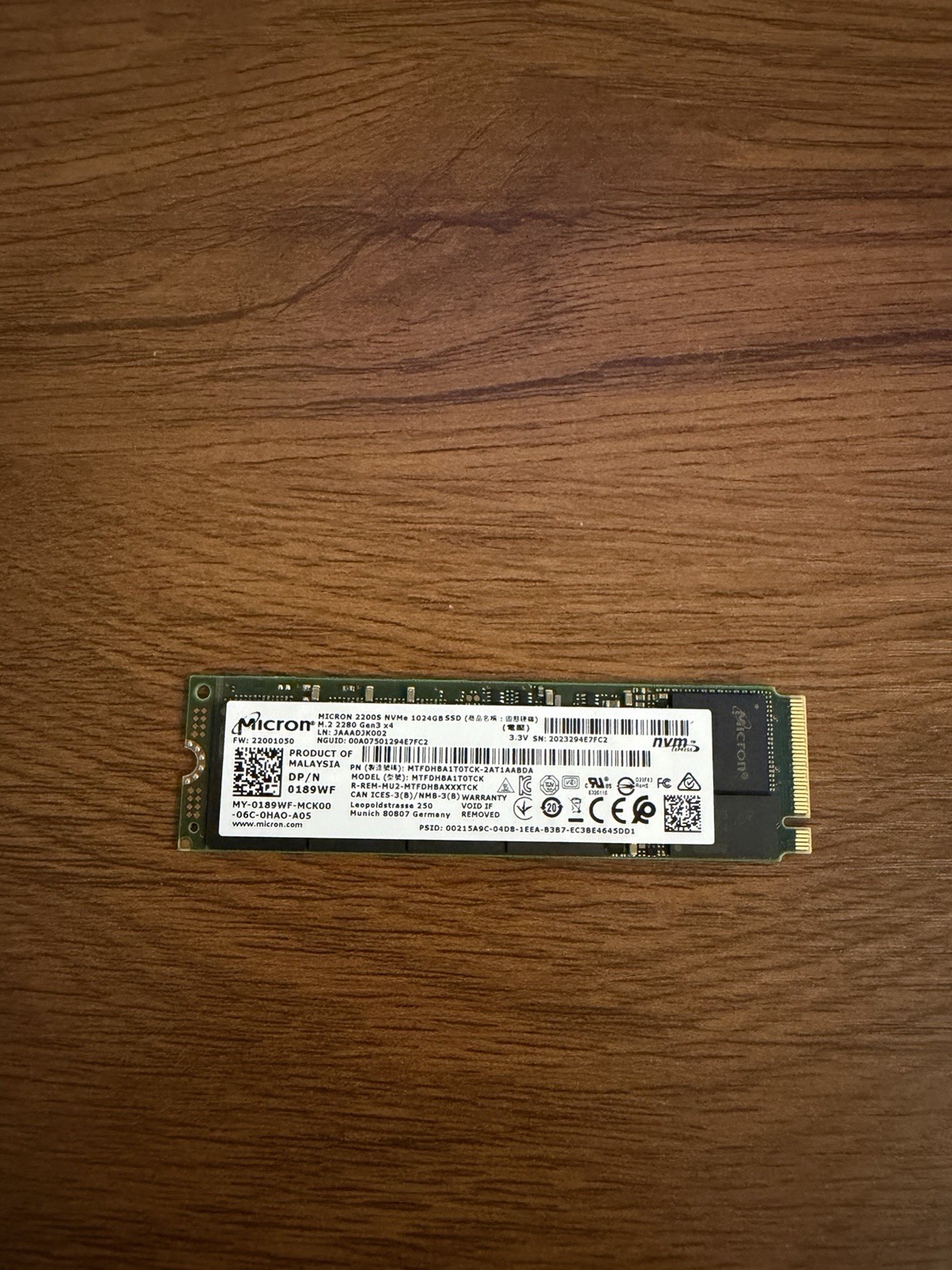 Micron 2200S 1TB M.2 2280 NVMe PCIe Gen3 x4 SSD MTFDHBA1T0TCK Dell