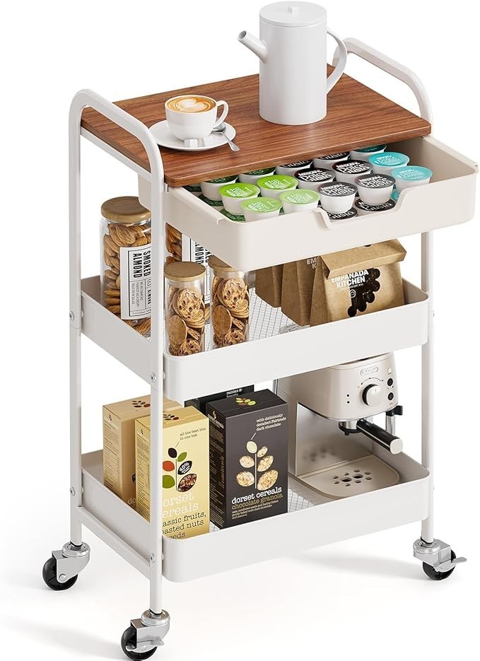 Rolling Cart 3 Tier Metal Utility Storage Drawer Locking Wheels White TOOLF Desk