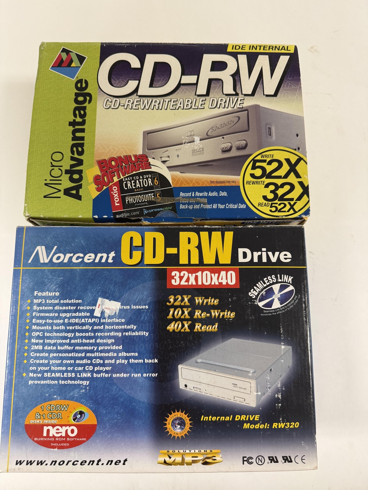 Vintage Lot 2 IDE CD-RW Drives Micro Advantage 52x32x52, Norcent RW320 32x10x40