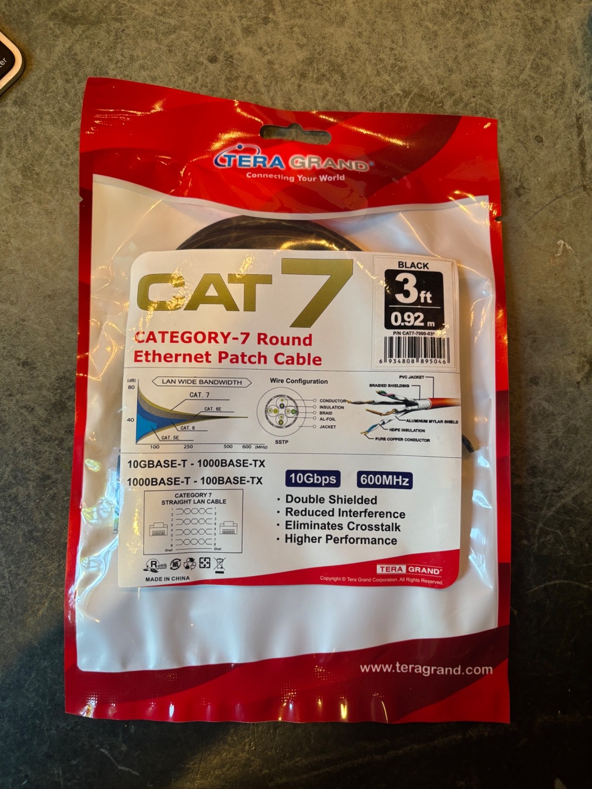 Tera Grand CAT 7 Category - 7 Round Ethernet Patch Cable 3 feet 0.92m -- NEW