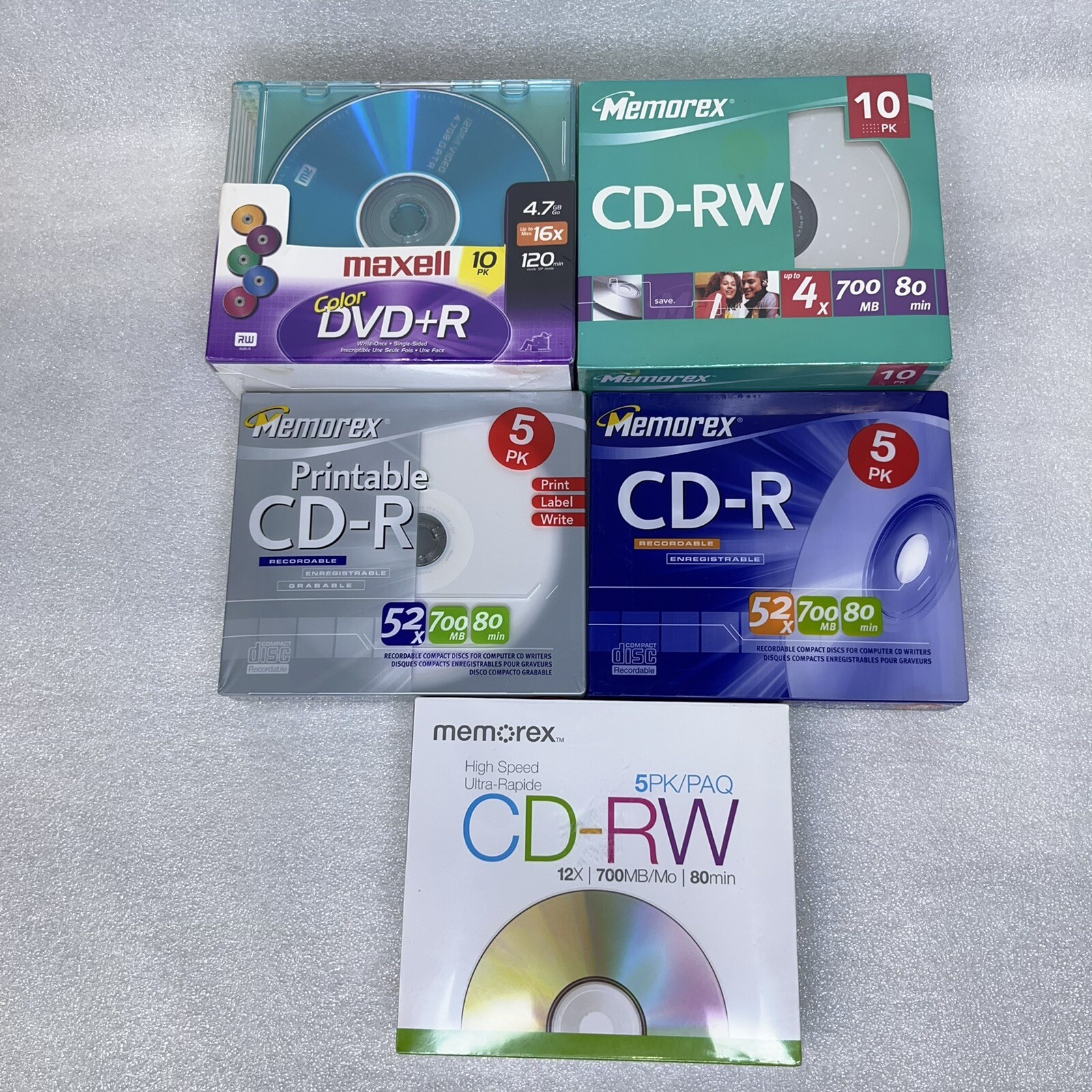 Mixed Recordable Media Lot CD-R, CD-RW, DVD+R, Slimline Printable NEW